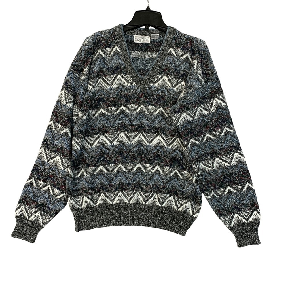 Vintage  Method Men's M Blue Gray Zig Zag V-Neck Sweater Cotton Blend